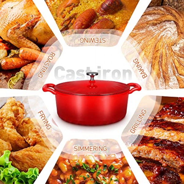 뚜껑이 있는 MGKKT 에나멜 주철 더치 오븐, 루프 손잡이가 있는 에나멜 냄비, 6QT, 빨간색
