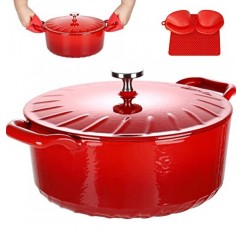 뚜껑이 있는 MGKKT 에나멜 주철 더치 오븐, 루프 손잡이가 있는 에나멜 냄비, 6QT, 빨간색