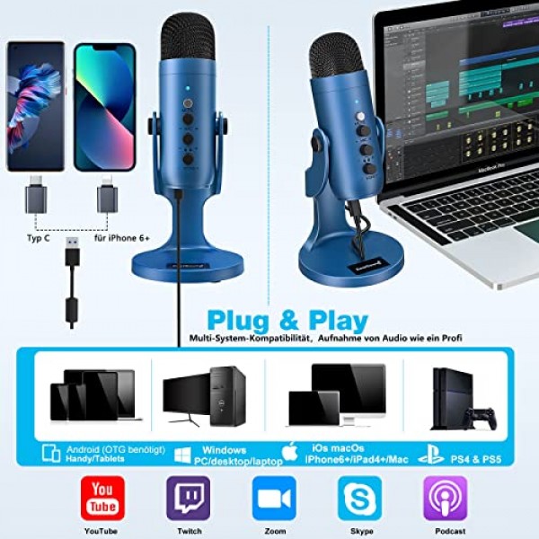zealsound USB 마이크, 마이크 휴대폰 PC, 스마트폰, 노트북, PS4 및 PS5용 어댑터가 있는 콘덴서 마이크, 녹음용 에코/음소거 포함, ASRM, 스트리밍, 팟캐스트, 게임, 플러그 앤
