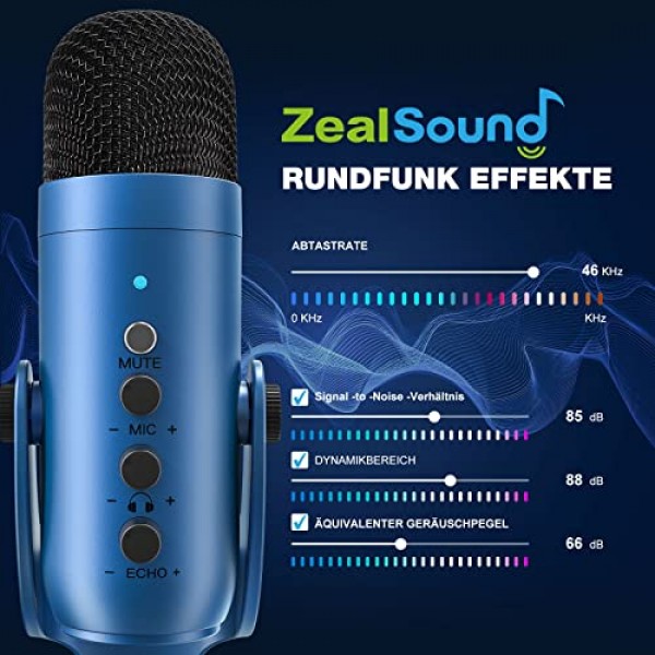 zealsound USB 마이크, 마이크 휴대폰 PC, 스마트폰, 노트북, PS4 및 PS5용 어댑터가 있는 콘덴서 마이크, 녹음용 에코/음소거 포함, ASRM, 스트리밍, 팟캐스트, 게임, 플러그 앤