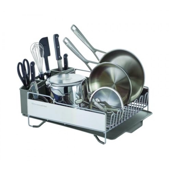 KitchenAid 대용량, 전체 크기, 자체 배수 각진 배수 보드 및 탈착식 식기류 캐디가 포함된 녹 방지 접시 랙, 연한 회색, 회색