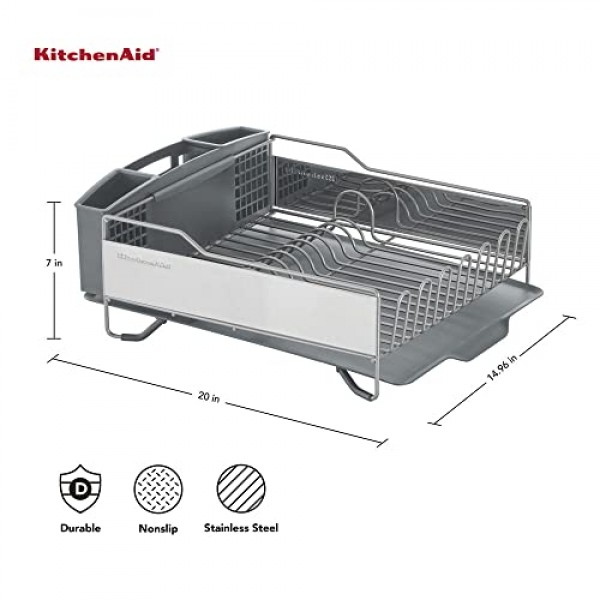 KitchenAid 대용량, 전체 크기, 자체 배수 각진 배수 보드 및 탈착식 식기류 캐디가 포함된 녹 방지 접시 랙, 연한 회색, 회색