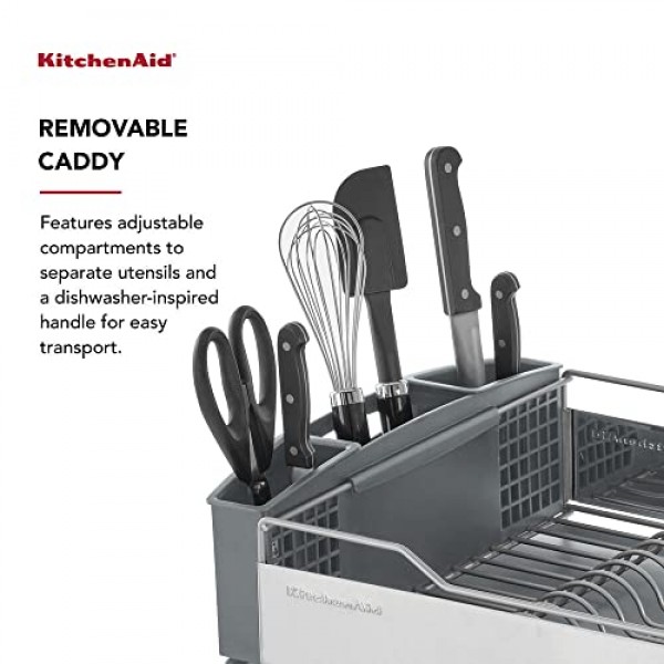 KitchenAid 대용량, 전체 크기, 자체 배수 각진 배수 보드 및 탈착식 식기류 캐디가 포함된 녹 방지 접시 랙, 연한 회색, 회색