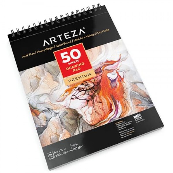 ARTEZA 드로잉 패드 8 x 10인치, 1팩, 50페이지, 내구성이 뛰어난 80파운드 종이 패드가 포함된 나선형 스케치 패드, 학생 및 성인을 위한 미술 용품
