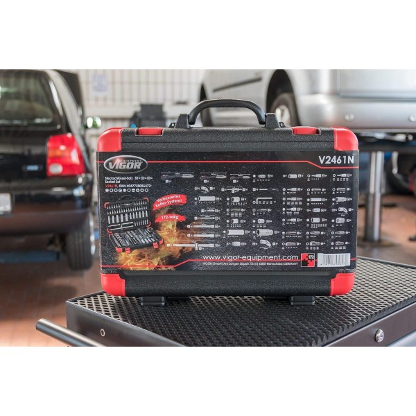 ViGOR V2461N 소켓 세트 | 뒤집을 수 있는 래칫 및 익스텐션, 다양한 비트 및 소켓 렌치가 포함된 172개 부품 | 단일 수동 조작을 위한 광범위한 너트 박스 세트