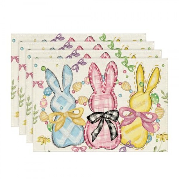 Artoid 모드 토끼 토끼 계란 부활절 Placemats 4, 12x18 인치 꽃 활 계절 봄 휴가 테이블 매트 파티 주방 식사 장식 세트