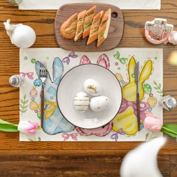 Artoid 모드 토끼 토끼 계란 부활절 Placemats 4, 12x18 인치 꽃 활 계절 봄 휴가 테이블 매트 파티 주방 식사 장식 세트