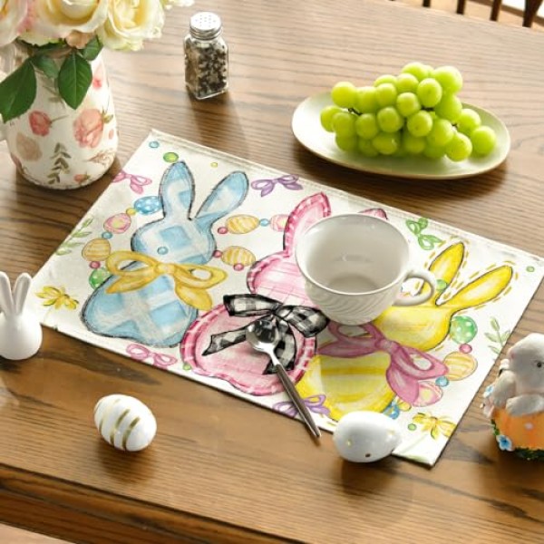 Artoid 모드 토끼 토끼 계란 부활절 Placemats 4, 12x18 인치 꽃 활 계절 봄 휴가 테이블 매트 파티 주방 식사 장식 세트
