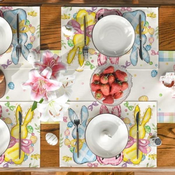 Artoid 모드 토끼 토끼 계란 부활절 Placemats 4, 12x18 인치 꽃 활 계절 봄 휴가 테이블 매트 파티 주방 식사 장식 세트