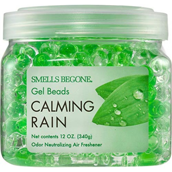 SMELLS BEGONE 냄새 제거제 젤 비드 - 공기 청정제 - 욕실, 자동차, 보트, RV 및 애완동물 구역의 냄새 제거 - 에센셜 오일로 제작 - 차분한 비 향 - 12온스