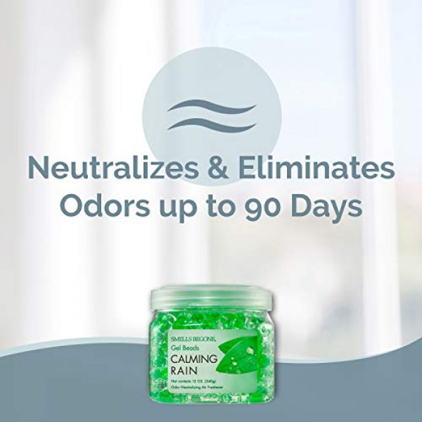 SMELLS BEGONE 냄새 제거제 젤 비드 - 공기 청정제 - 욕실, 자동차, 보트, RV 및 애완동물 구역의 냄새 제거 - 에센셜 오일로 제작 - 차분한 비 향 - 12온스
