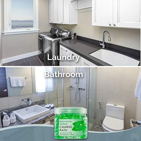 SMELLS BEGONE 냄새 제거제 젤 비드 - 공기 청정제 - 욕실, 자동차, 보트, RV 및 애완동물 구역의 냄새 제거 - 에센셜 오일로 제작 - 차분한 비 향 - 12온스