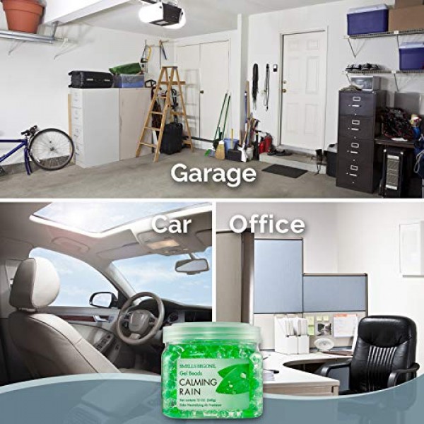 SMELLS BEGONE 냄새 제거제 젤 비드 - 공기 청정제 - 욕실, 자동차, 보트, RV 및 애완동물 구역의 냄새 제거 - 에센셜 오일로 제작 - 차분한 비 향 - 12온스