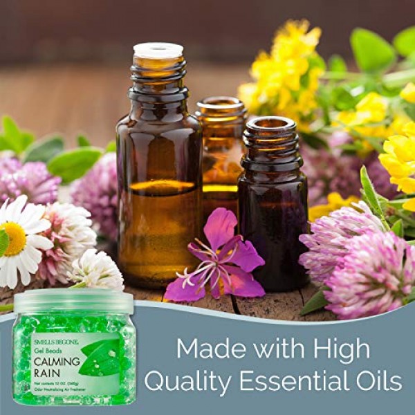 SMELLS BEGONE 냄새 제거제 젤 비드 - 공기 청정제 - 욕실, 자동차, 보트, RV 및 애완동물 구역의 냄새 제거 - 에센셜 오일로 제작 - 차분한 비 향 - 12온스