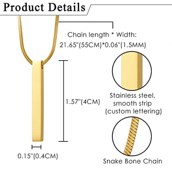 JewelryWe 보석 목걸이 남성 여성 스테인레스 스틸 큐보이드 바 스테레오 직사각형 펜던트 뱀 체인 조각 선물, 블랙 골드 실버