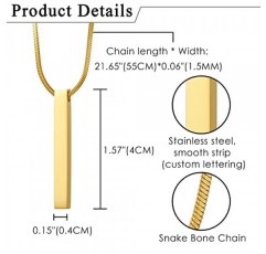 JewelryWe 보석 목걸이 남성 여성 스테인레스 스틸 큐보이드 바 스테레오 직사각형 펜던트 뱀 체인 조각 선물, 블랙 골드 실버