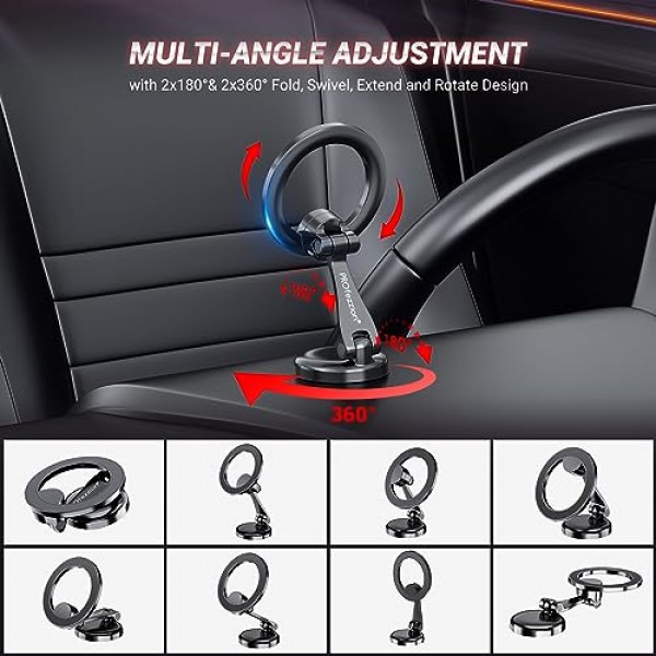 PROfezzion 차량용 자기 휴대폰 마운트, 2 x 180도 접이식 및 이중 360도 회전, iPhone 15/14/13/12 시리즈용으로 설계, 2023년 업그레이드된 슈퍼 자석, 3M VHB 접착제