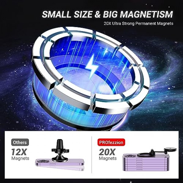 PROfezzion 차량용 자기 휴대폰 마운트, 2 x 180도 접이식 및 이중 360도 회전, iPhone 15/14/13/12 시리즈용으로 설계, 2023년 업그레이드된 슈퍼 자석, 3M VHB 접착제