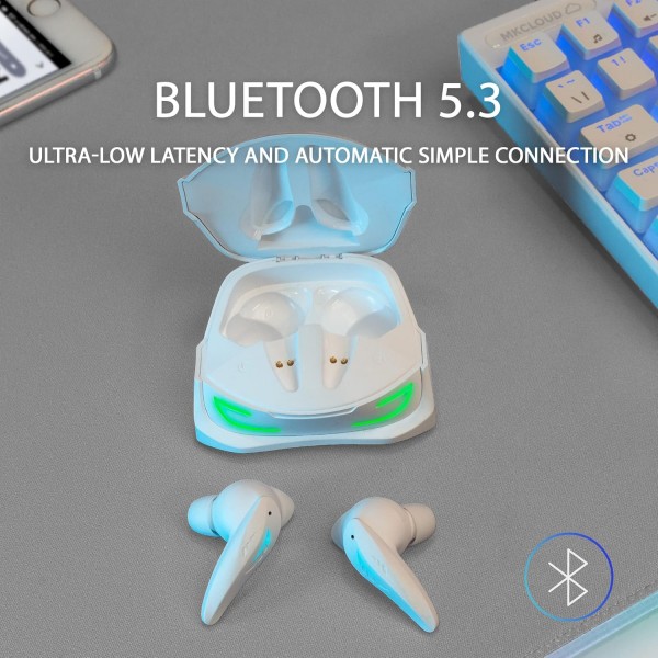 Mars Gaming MHI-ULTRA White, 무선 헤드셋 TWS, RGB Flow, Bluetooth 5.3, 3중 소음 제거, 24H 배터리 수명 MHIULTRAW