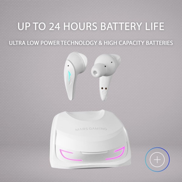 Mars Gaming MHI-ULTRA White, 무선 헤드셋 TWS, RGB Flow, Bluetooth 5.3, 3중 소음 제거, 24H 배터리 수명 MHIULTRAW