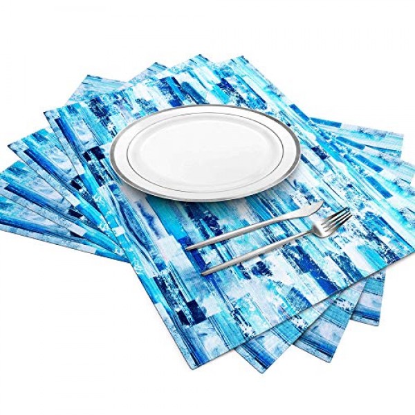 ArtanHome 라이트 블루 면 플레이스매트 - 밝은 파란색, 흰색 및 청록색 색조의 식탁용 세탁 가능 내열성 두꺼운 식탁 매트, 주방 테이블 매트 4개 세트 14 x 18인치, 면 폴