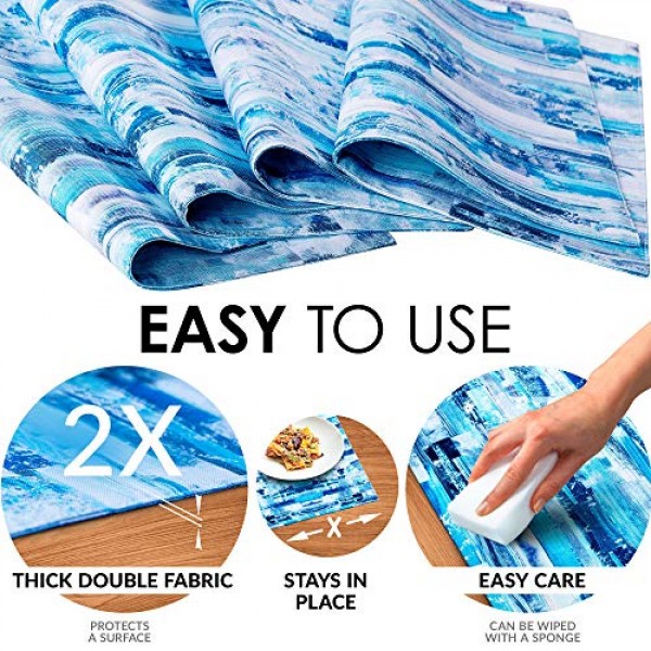 ArtanHome 라이트 블루 면 플레이스매트 - 밝은 파란색, 흰색 및 청록색 색조의 식탁용 세탁 가능 내열성 두꺼운 식탁 매트, 주방 테이블 매트 4개 세트 14 x 18인치, 면 폴