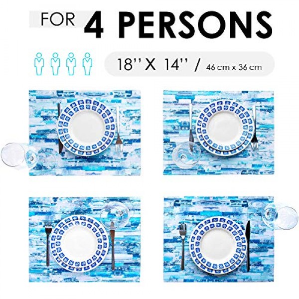 ArtanHome 라이트 블루 면 플레이스매트 - 밝은 파란색, 흰색 및 청록색 색조의 식탁용 세탁 가능 내열성 두꺼운 식탁 매트, 주방 테이블 매트 4개 세트 14 x 18인치, 면 폴