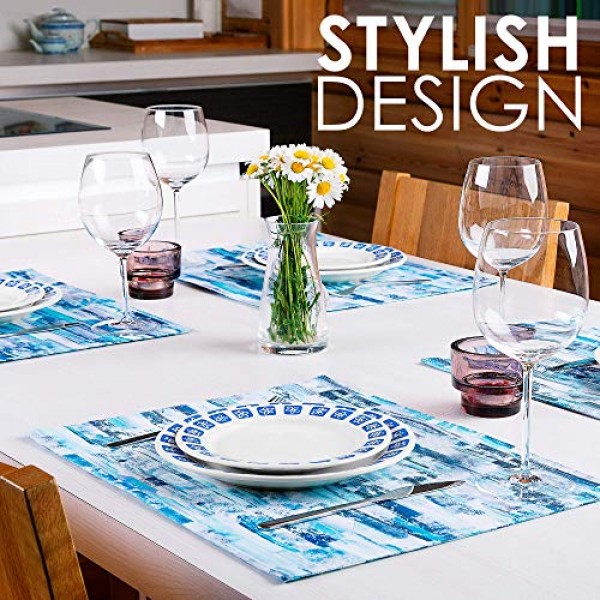 ArtanHome 라이트 블루 면 플레이스매트 - 밝은 파란색, 흰색 및 청록색 색조의 식탁용 세탁 가능 내열성 두꺼운 식탁 매트, 주방 테이블 매트 4개 세트 14 x 18인치, 면 폴