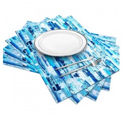 ArtanHome 라이트 블루 면 플레이스매트 - 밝은 파란색, 흰색 및 청록색 색조의 식탁용 세탁 가능 내열성 두꺼운 식탁 매트, 주방 테이블 매트 4개 세트 14 x 18인치, 면 폴