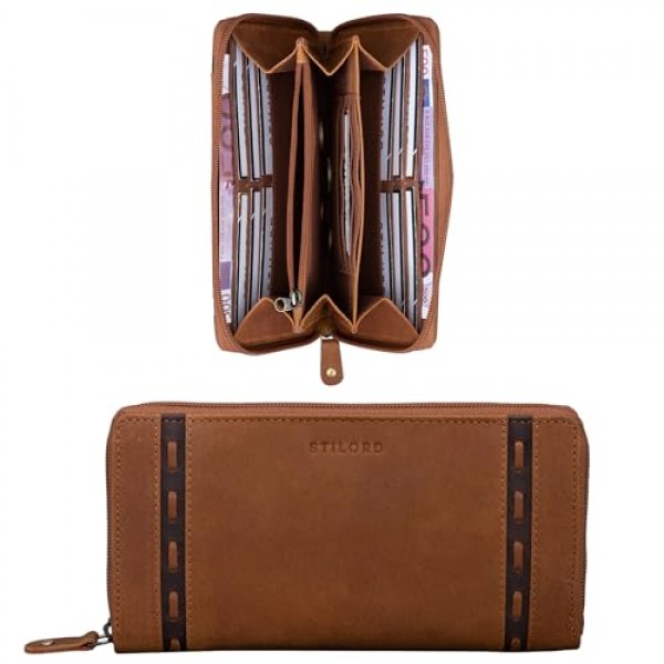 STILORD 'Ashley' 가죽 지갑 여성용 RFID 보호 NFC 지갑 여성용 빈티지 지갑 선물 상자에 독서 보호 기능이 있는 풍경 정품 가죽, 모래 - 갈색, 동전 지갑