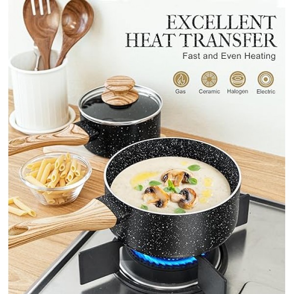 MICHELANGELO 소스팬 세트+뚜껑, 붙지 않는 1쿼트 및 2쿼트 뚜껑 있는 소스팬 세트, 뚜껑 있는 작은 소스 냄비, 붙지 않는 소스팬 1쿼트 및 2쿼트, 석재 코팅 소스팬 세트, 뚜