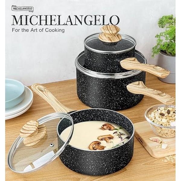 MICHELANGELO 소스팬 세트+뚜껑, 붙지 않는 1쿼트 및 2쿼트 뚜껑 있는 소스팬 세트, 뚜껑 있는 작은 소스 냄비, 붙지 않는 소스팬 1쿼트 및 2쿼트, 석재 코팅 소스팬 세트, 뚜