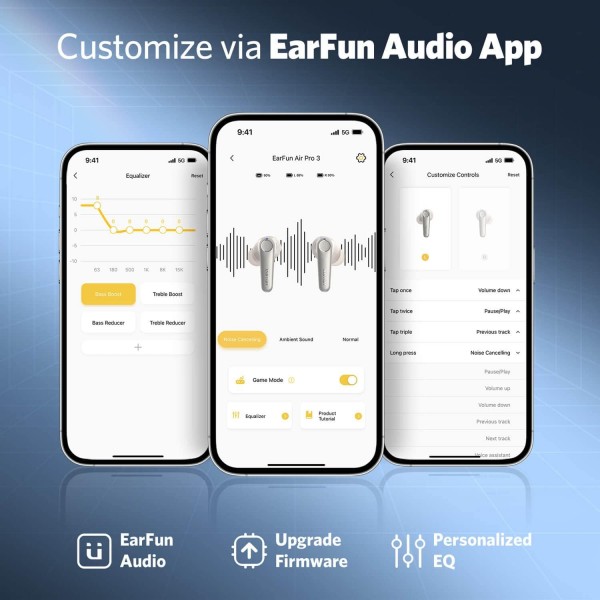 EarFun Air Pro 3 인이어 블루투스 헤드폰 - 43dB 하이브리드 액티브 노이즈 캔슬링, 하이파이 사운드 Qualcomm aptX Adaptive, 마이크 6개 CVC 8.0 통화, 다지점, 45시간 배터리, 앱 제