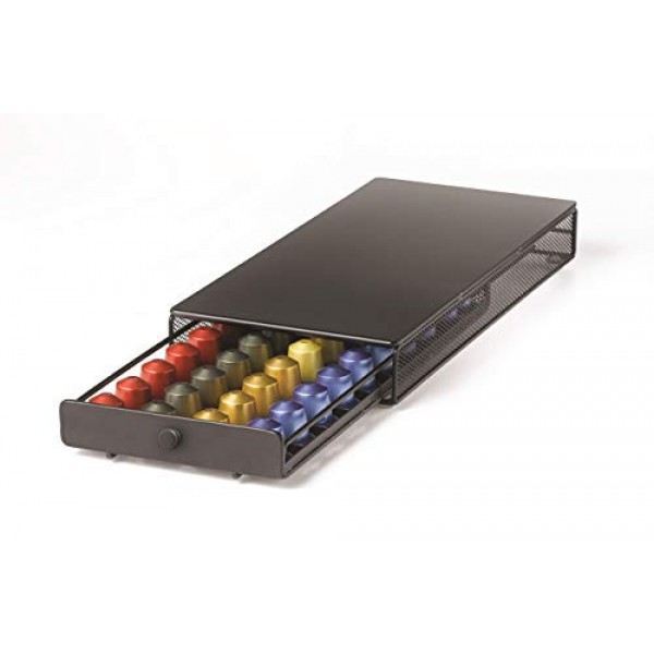 멋진 소형 네스프레소 오리지널 라인 캡슐 서랍 - 블랙, 40 캡슐 포드 팩 홀더, 비구동식 슬라이딩 서랍, 커피 포트 보관함 아래, 가정용 주방 카운터 정리함