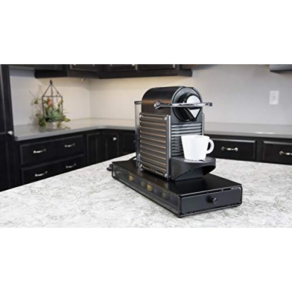 멋진 소형 네스프레소 오리지널 라인 캡슐 서랍 - 블랙, 40 캡슐 포드 팩 홀더, 비구동식 슬라이딩 서랍, 커피 포트 보관함 아래, 가정용 주방 카운터 정리함