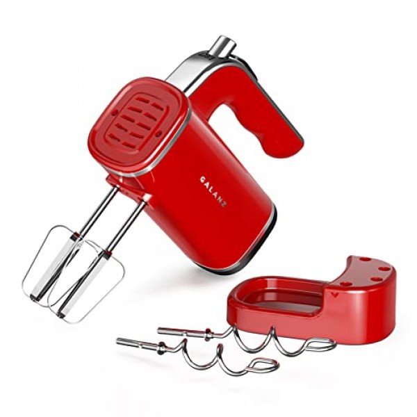 Galanz 5단 경량 전기 핸드 믹서(도우 후크, 비터, 보관 베이스 포함) + 간단한 꺼내기 버튼, 5단계 속도 + 터보, 150W, 레트로 레드
