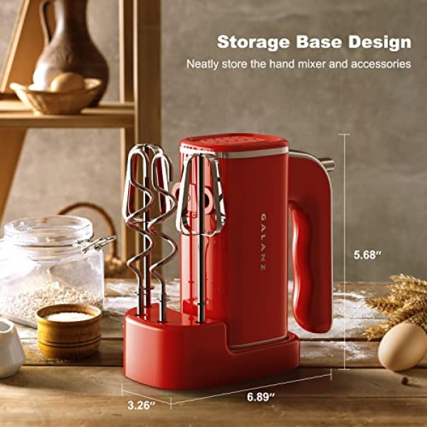 Galanz 5단 경량 전기 핸드 믹서(도우 후크, 비터, 보관 베이스 포함) + 간단한 꺼내기 버튼, 5단계 속도 + 터보, 150W, 레트로 레드