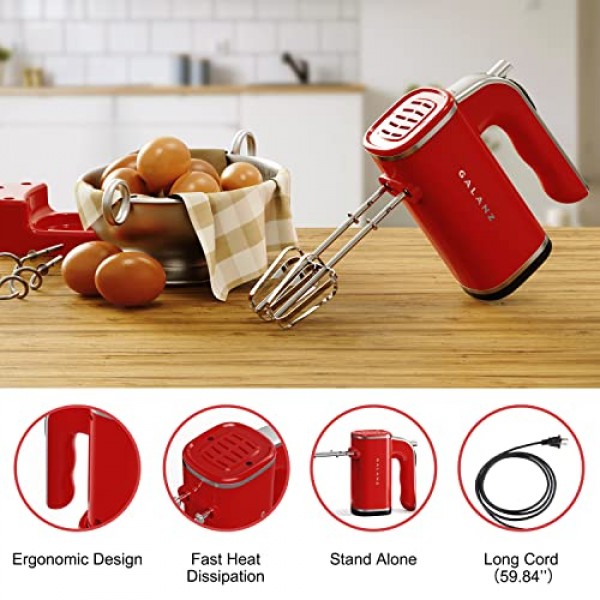 Galanz 5단 경량 전기 핸드 믹서(도우 후크, 비터, 보관 베이스 포함) + 간단한 꺼내기 버튼, 5단계 속도 + 터보, 150W, 레트로 레드