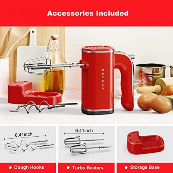 Galanz 5단 경량 전기 핸드 믹서(도우 후크, 비터, 보관 베이스 포함) + 간단한 꺼내기 버튼, 5단계 속도 + 터보, 150W, 레트로 레드