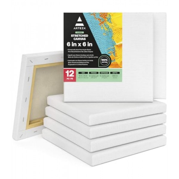 그림용 Arteza 페인트 캔버스, 12개 팩, 6 x 6인치, 정사각형 흰색 스트레치 캔버스 벌크, 100% 면, 8온스 게소 프라이밍, 성인 및 청소년을 위한 미술 용품, 아크릴 붓기 및 