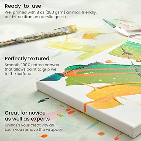 그림용 Arteza 페인트 캔버스, 12개 팩, 6 x 6인치, 정사각형 흰색 스트레치 캔버스 벌크, 100% 면, 8온스 게소 프라이밍, 성인 및 청소년을 위한 미술 용품, 아크릴 붓기 및 