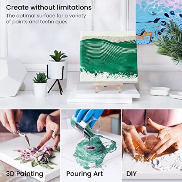 그림용 Arteza 페인트 캔버스, 12개 팩, 6 x 6인치, 정사각형 흰색 스트레치 캔버스 벌크, 100% 면, 8온스 게소 프라이밍, 성인 및 청소년을 위한 미술 용품, 아크릴 붓기 및 