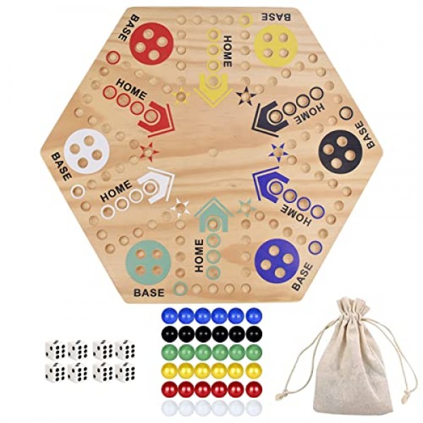 MUCITAGF 오리지널 대리석 보드 게임 Wahoo 보드 게임 양면 페인트 6색 및 4인용 24인치 목재 패스트 트랙 보드 게임 6가지 색상 36구슬, 가족 게임 밤, 파티를 위한 8개 주사