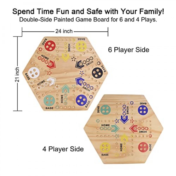 MUCITAGF 오리지널 대리석 보드 게임 Wahoo 보드 게임 양면 페인트 6색 및 4인용 24인치 목재 패스트 트랙 보드 게임 6가지 색상 36구슬, 가족 게임 밤, 파티를 위한 8개 주사