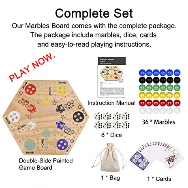 MUCITAGF 오리지널 대리석 보드 게임 Wahoo 보드 게임 양면 페인트 6색 및 4인용 24인치 목재 패스트 트랙 보드 게임 6가지 색상 36구슬, 가족 게임 밤, 파티를 위한 8개 주사