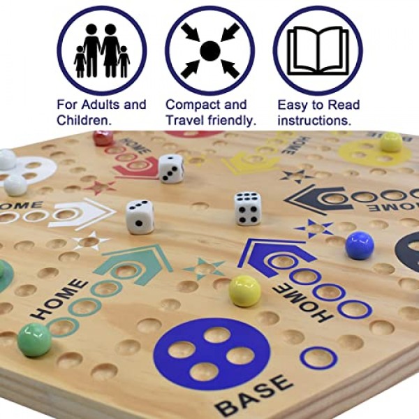 MUCITAGF 오리지널 대리석 보드 게임 Wahoo 보드 게임 양면 페인트 6색 및 4인용 24인치 목재 패스트 트랙 보드 게임 6가지 색상 36구슬, 가족 게임 밤, 파티를 위한 8개 주사