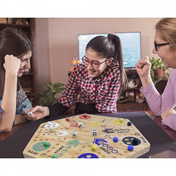 MUCITAGF 오리지널 대리석 보드 게임 Wahoo 보드 게임 양면 페인트 6색 및 4인용 24인치 목재 패스트 트랙 보드 게임 6가지 색상 36구슬, 가족 게임 밤, 파티를 위한 8개 주사