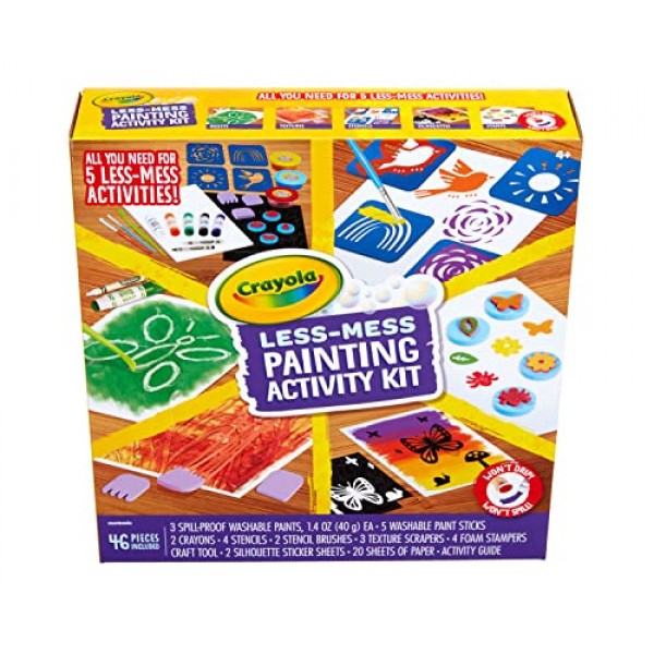 Crayola Less Mess Painting 활동 키트(46개), 어린이 미술 세트, 빨 수 있는 어린이 페인트, 어린이를 위한 선물, 4세 이상