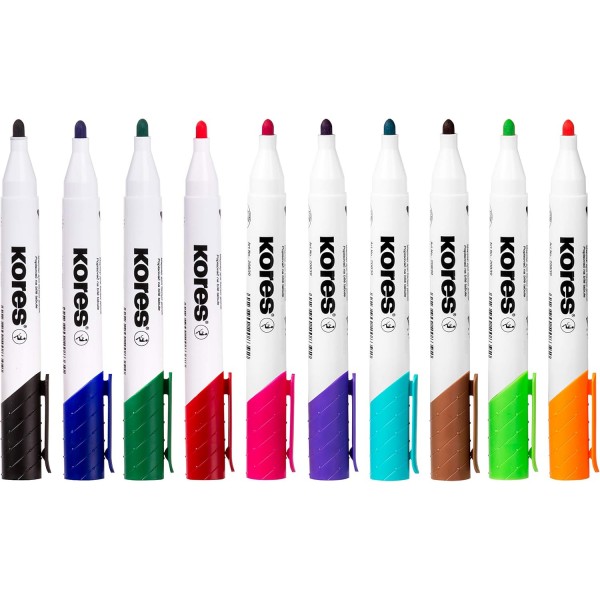 Kores - K-Marker XW1: 총알 끝이 있는 다채로운 화이트보드 마커, 드라이 지우기 및 사실상 무취 잉크, 학교 및 사무용품, 10가지 색상의 모듬 색상 세트