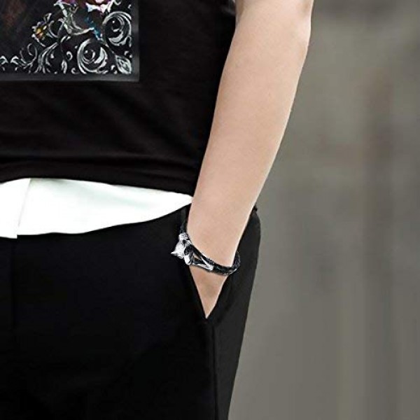 Cupimatch 팔찌 남자 스테인레스 스틸 늑대 머리 팔 체인 팔찌 고딕 빈티지 22cm 오토바이 팔찌 소년 팔찌, 실버/블랙